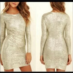 Lulu's NEW Luxe of My Life Metallic Gold Long Sleeve Bodycon Mini Dress S
